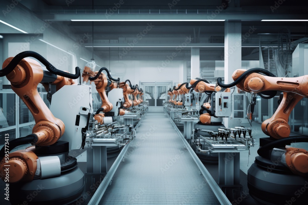 Poster group of robots working together in a factory. generative ai