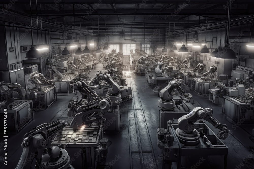 Poster group of robots working together in a factory. generative ai