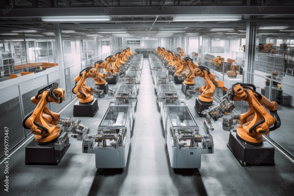 Poster group of robots working together in a factory. generative ai