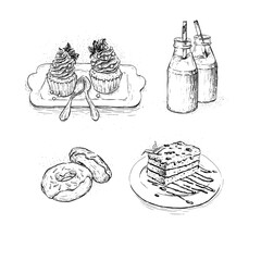 set of food illustrations black and white graphics cupcakes donuts cocoa drinks desserts