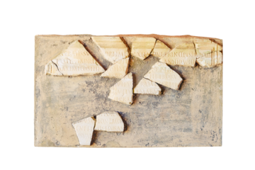 Board with latin letters in archaeological site Anthony terms,, isolated on a white background. The ruins antique times of the roman wars with Carthage