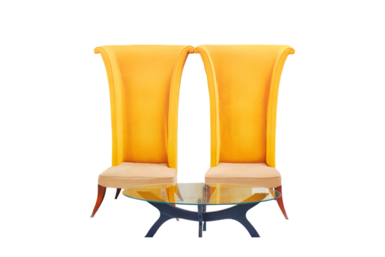 Big yellow high-backed chairs in the hotel lobby, isolated on a white background. Furniture with a glass table in the marble interior of the hotel.