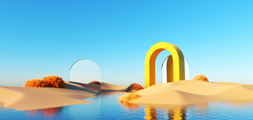 Obraz na płótnie Canvas 3d render Surreal pastel landscape background with geometric shapes, abstract fantastic desert dune in seasoning landscape with arches, panoramic, futuristic scene with copy space, blue sky and cloudy