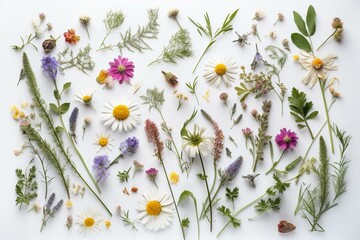 White background with wild flowers arranged in a flat lay, seen from above. Generative AI