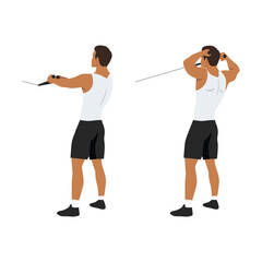 Fototapeta na wymiar Man doing standing rope face pull. Cable face pull exercise back view. Flat vector illustration. Shoulder exercise.