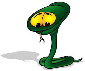 Funny Green Snake with a Raised Head with Big Yellow Eyes