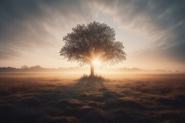 A lone tree in mystical dawn rays. Generative AI