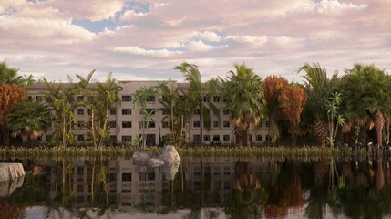 Fototapeta premium house in the jungle on the river bank, 3D illustration, cg render