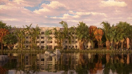 Fototapeta premium house in the jungle on the river bank, 3D illustration, cg render