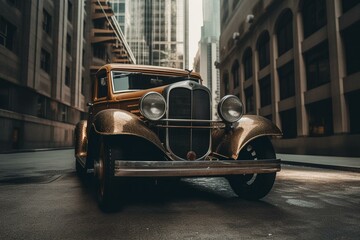 Obraz na płótnie Canvas Old car parked on a paved street amidst skyscrapers. Generative AI