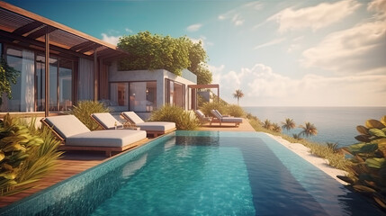 illustration of pool and villa resort or beach house. sun loungers on Sunbathing deck and private swimming pool with sea view at luxury villa resort
