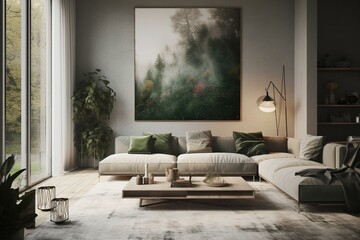 A contemporary painting of an eco-inspired and minimalist living space. Generative AI