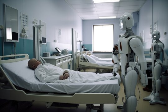 Patient lying in a hospital bed, surrounded by medical robots. Generative AI