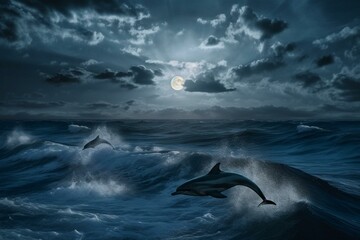 Dolphins leaping amidst blue moon, clouds and lighthouse. From NASA. Generative AI