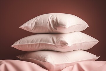 Fototapeta na wymiar Three stacked white pillows on pink background. Generative AI