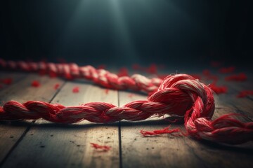 Illustration of taut tug-of-war rope with red ribbon tie. Generative AI - obrazy, fototapety, plakaty