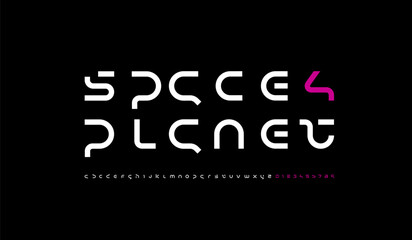 Technology science font, digital cyber alphabet made futurism style, Latin lowercase letters A-Z and Arab numerals 0-9 space style