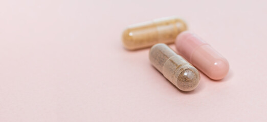 Three pharmaceutical medicine pills, tablets and capsules. Medicine minimalistic abstract concept.