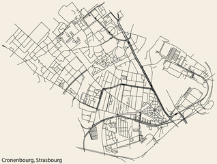 Fototapeta na wymiar Detailed hand-drawn navigational urban street roads map of the CRONENBOURG DISTRICT of the French city of STRASBOURG, France with vivid road lines and name tag on solid background