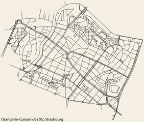 Fototapeta na wymiar Detailed hand-drawn navigational urban street roads map of the ORANGERIE-CONSEIL DES XV DISTRICT of the French city of STRASBOURG, France with vivid road lines and name tag on solid background