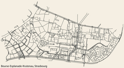 Detailed hand-drawn navigational urban street roads map of the BOURSE-ESPLANADE-KRUTENAU DISTRICT of the French city of STRASBOURG, France with vivid road lines and name tag on solid background