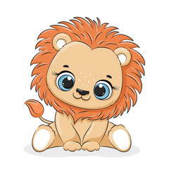 Vector illustration of a cute funny lion. Isolated objects. Concept for children print.