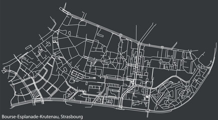 Detailed hand-drawn navigational urban street roads map of the BOURSE-ESPLANADE-KRUTENAU DISTRICT of the French city of STRASBOURG, France with vivid road lines and name tag on solid background