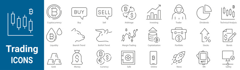 Set of 24 linear icon trading. Editable stroke. Cryptocurrency, Investing, Bitcoin.