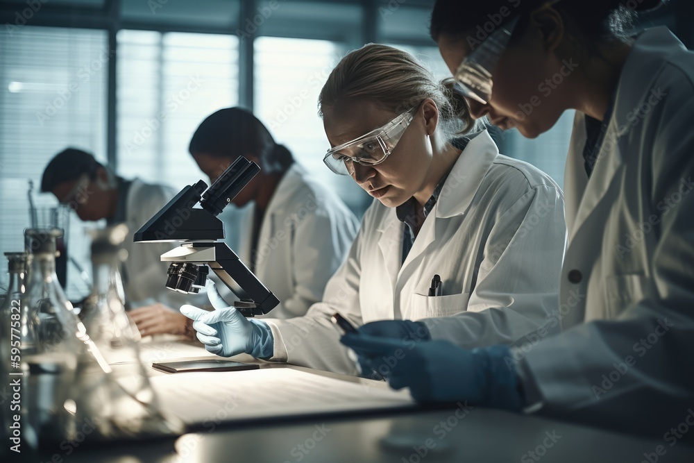 Poster team of scientists working in a laboratory, carefully conducting experiments and analyzing data. gen