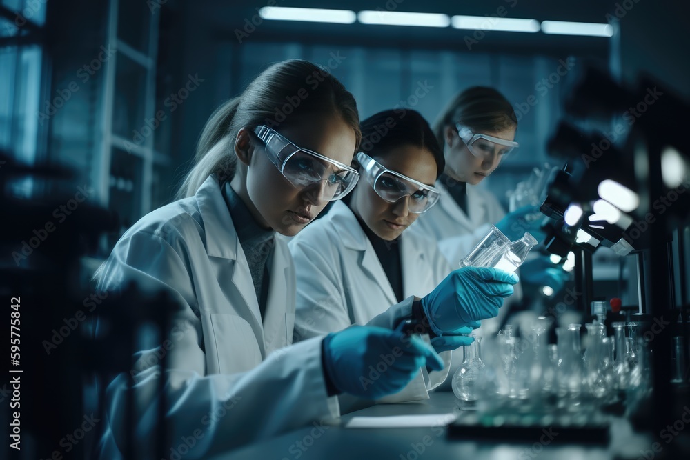 Poster team of scientists working in a laboratory, carefully conducting experiments and analyzing data. gen