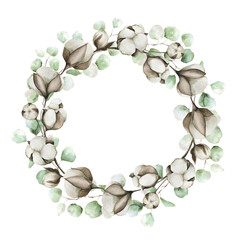 Cotton flowers, green leaf and branches eucalyptus. A round frame of cotton flowers. Watercolor floral illustrations. Background for wedding invitations, greetings, wallpapers, postcards