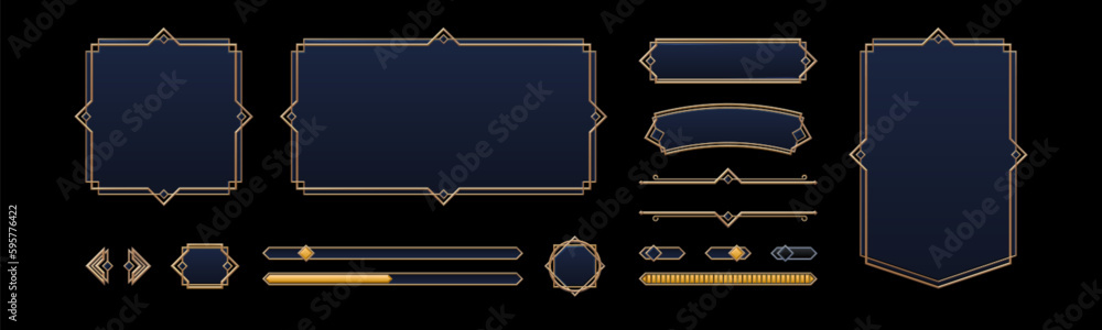 Poster game ui elements with gold frames in medieval style. buttons, banners different shapes, progress bar