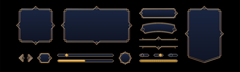 Obraz premium Game UI elements with gold frames in medieval style. Buttons, banners different shapes, progress bar, arrows and sliders with fantasy metal border, vector cartoon set