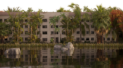 Obraz premium house in the jungle on the river bank on a transparent background, 3D illustration, cg render 