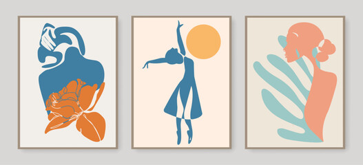 Fototapeta premium Vector Set of Abstract Aesthetic Posters Matisse Style. Minimalist Trendy Backgrounds Set for Wall Art, Social Networks, Prints, Web Design Abstract Matisse Style. Female Art for Wall Decor