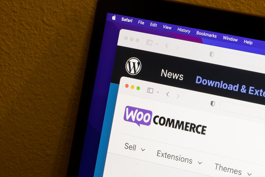 Portland, OR, USA - Feb 3, 2023: Website homepages of WooCommerce and WordPress are seen on a computer. WooCommerce is an open-source e-commerce plugin for WordPress designed for online merchants.