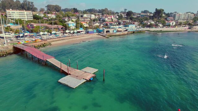 Coast Dock at El Pejerrey Beach Algarrobo Chile Aerial View Above Blue Sea Water in Resort Holiday Destination at South America, Summer Vibes