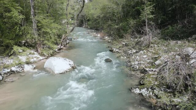 Drone footage over the Sentino river in Italy. Gorge of Frasassi