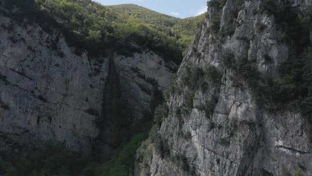 Drone footage over the gorge of Frasassi in Italy