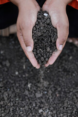 Indian farmer holding soil in hands, happy farming
