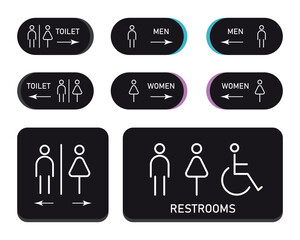 Set toilet signs. Men and women restroom icon sign right arrow. Disabled wheelchair icon. vector illustration
