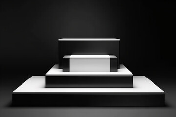 A minimalistic black and white stage on a podium with a pedestal. Generative AI illustration.