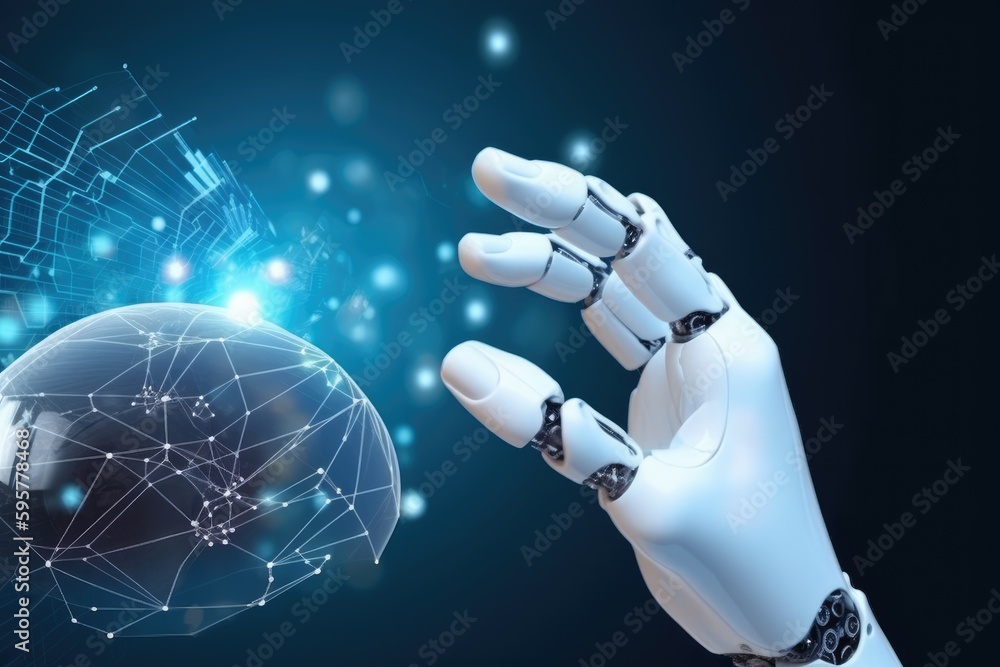 Poster robot hand of the future background. generative ai