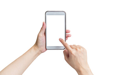 Hand with phone isolated on transparent background. Png realistic design element.