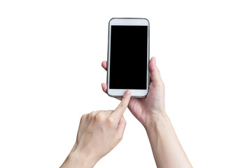 Hand with phone isolated on transparent background. Png realistic design element.