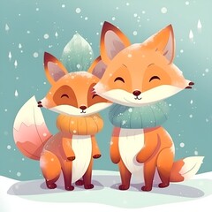 Obraz premium Cute two foxes in the snow wearing scarfs