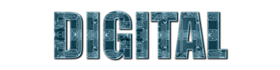 A set of words about innovation and computer technology. The word DIGITAL with the texture of electronic circuit board. File 9 of 16