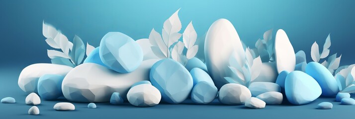 odern web template with white for decoration design. White and blue stones with blue leaf scattered. Tropical, background., elegant, futuristic, design and Bright, environment.