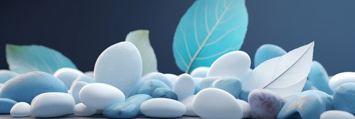 odern web template with white for decoration design. White and blue stones with blue leaf scattered. Tropical, background., elegant, futuristic, design and Bright, environment.