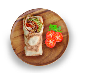 Burrito, shawarma, sandwich, gyro, fresh roll of lavash, doner kebab. Served on wooden plate, white isolated background. Traditional Eastern oriental snack, street food menu.
